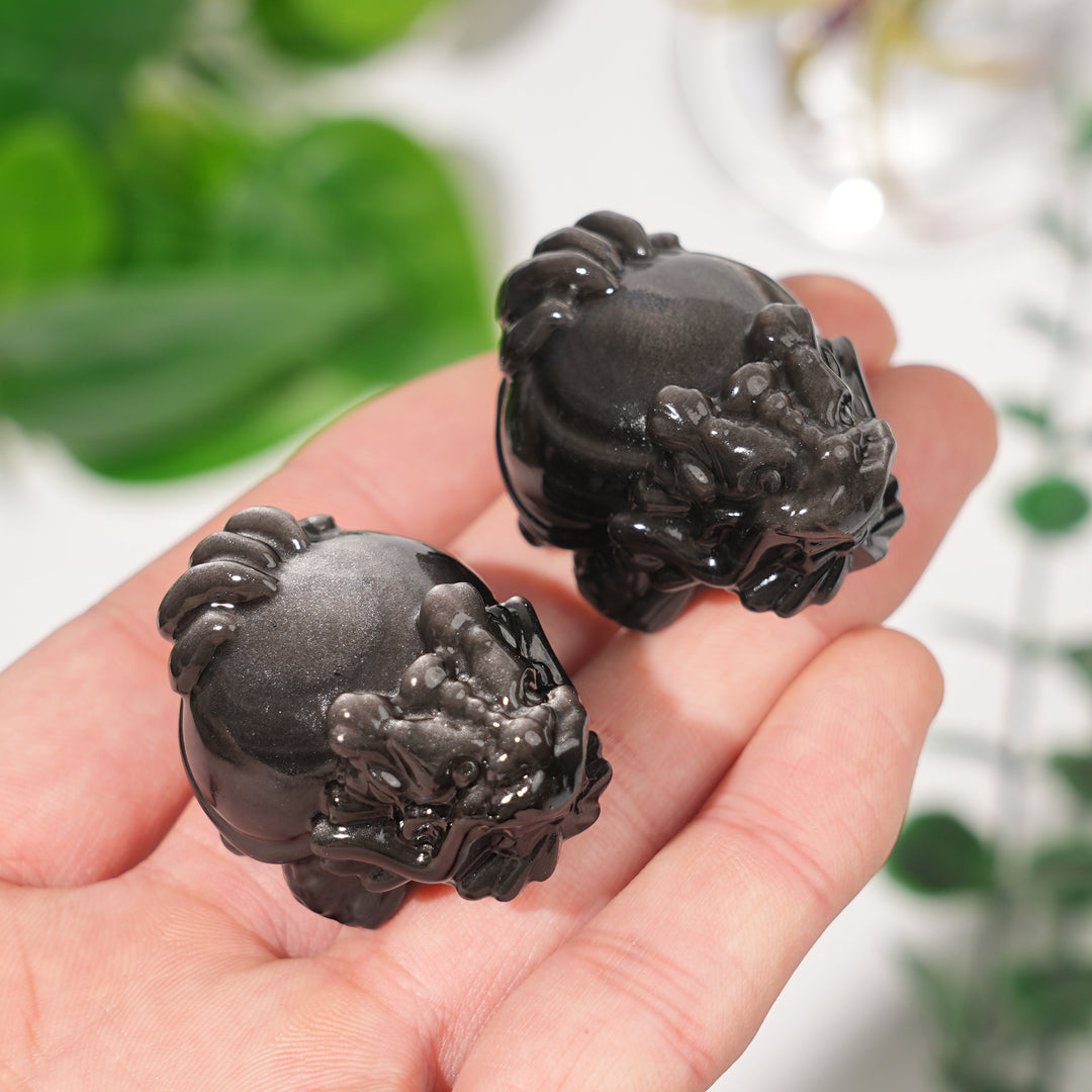 Natural Crystal Carving Silver Obsidian Dragon Turtle