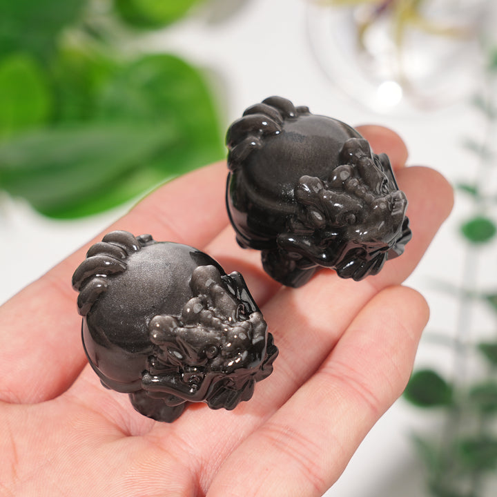 Natural Crystal Carving Silver Obsidian Dragon Turtle