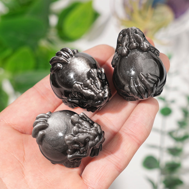 Natural Crystal Carving Silver Obsidian Dragon Turtle