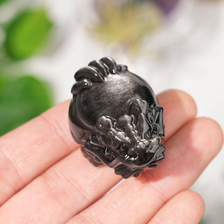 Natural Crystal Carving Silver Obsidian Dragon Turtle