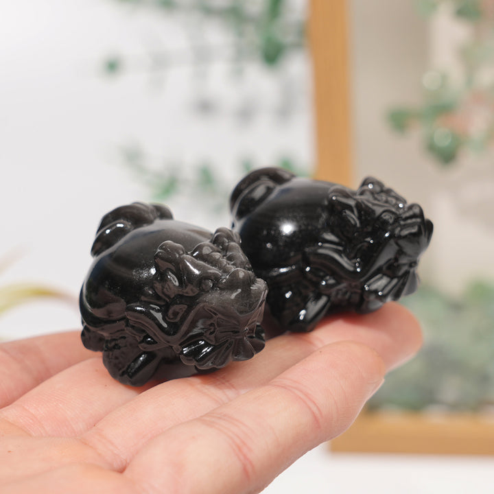 Natural Crystal Carving Silver Obsidian Dragon Turtle