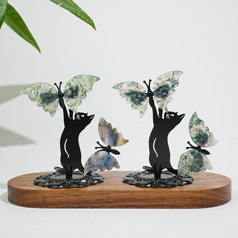 A Slightly Imperfect Natural Crystal Moss Agate Cat With Butterfly