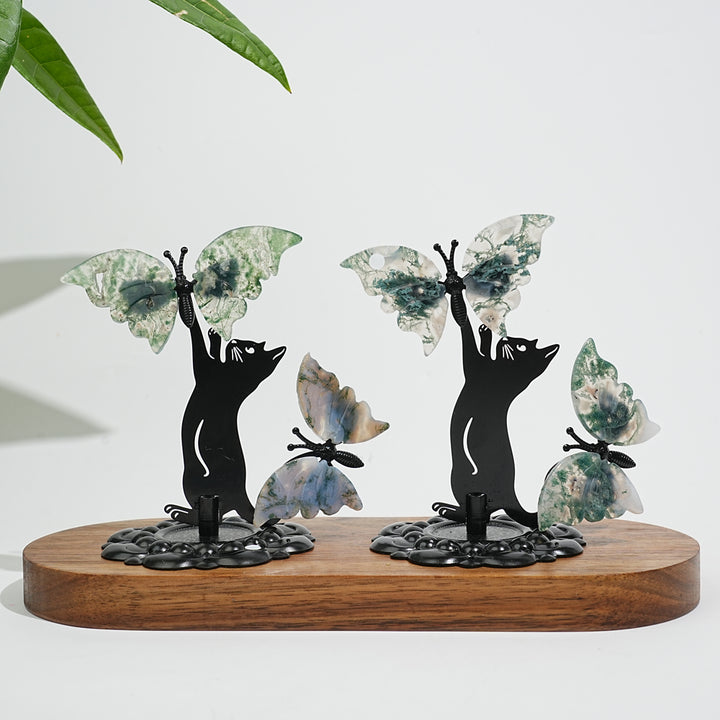 A Slightly Imperfect Natural Crystal Moss Agate Cat With Butterfly