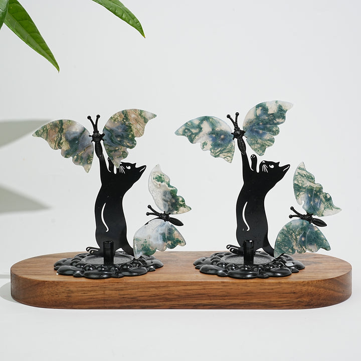 A Slightly Imperfect Natural Crystal Moss Agate Cat With Butterfly