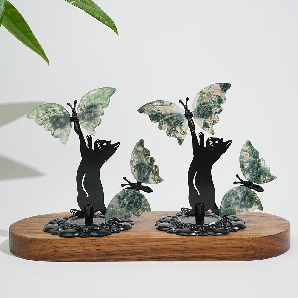 A Slightly Imperfect Natural Crystal Moss Agate Cat With Butterfly
