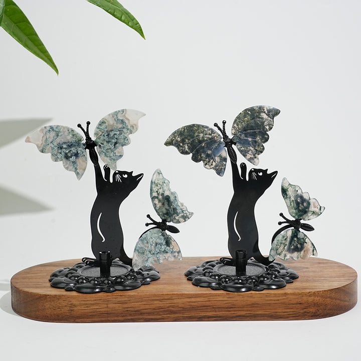 A Slightly Imperfect Natural Crystal Moss Agate Cat With Butterfly