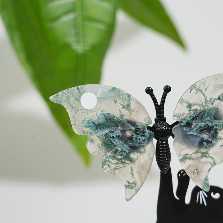 A Slightly Imperfect Natural Crystal Moss Agate Cat With Butterfly