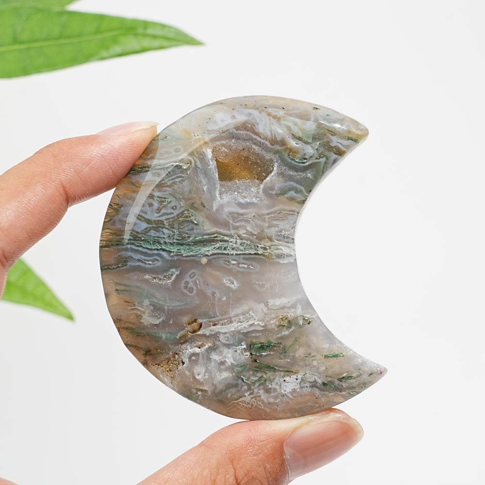 Natural Crystal Moss Agate Crescent Moon
