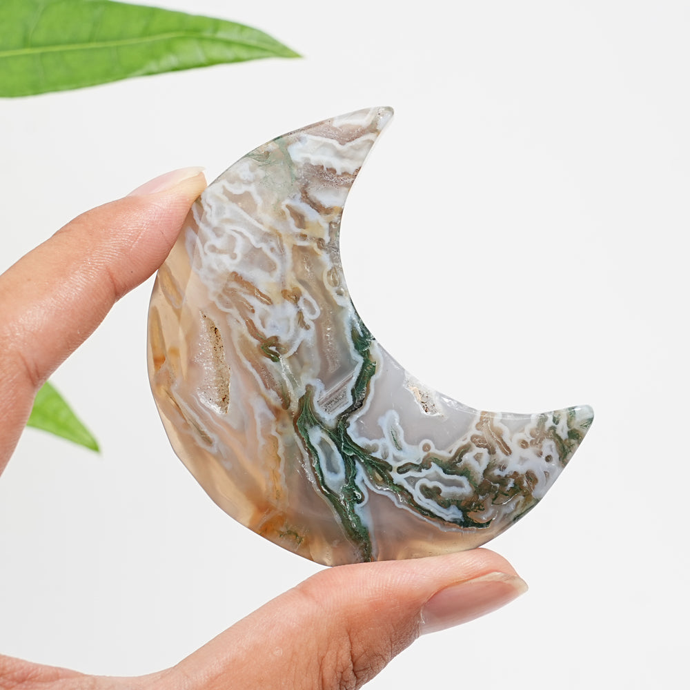 Natural Crystal Moss Agate Crescent Moon