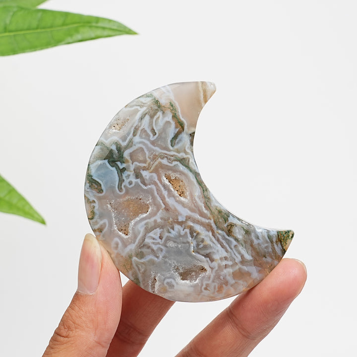 Natural Crystal Moss Agate Crescent Moon