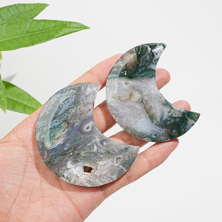 Natural Crystal Moss Agate Crescent Moon