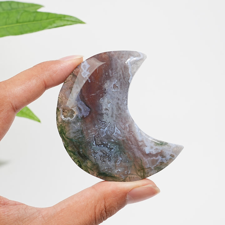 Natural Crystal Moss Agate Crescent Moon