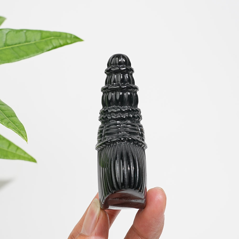 Natural Crystal Black Obsidian Broom Carving