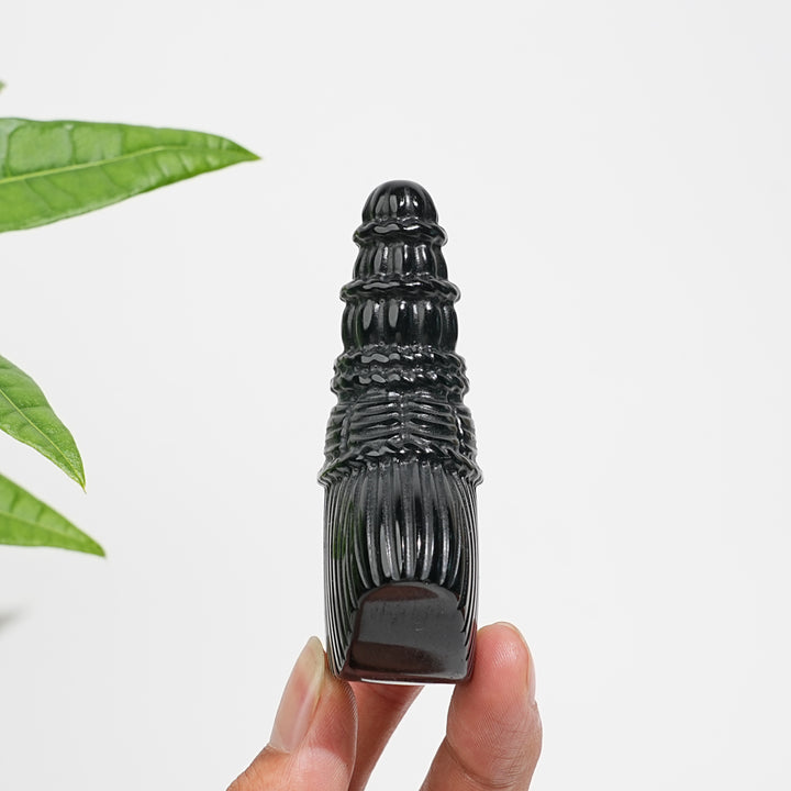 Natural Crystal Black Obsidian Broom Carving