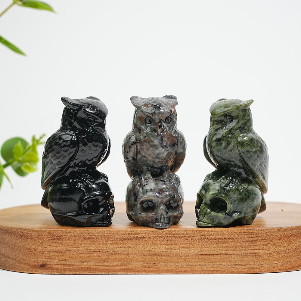 Natural Crystal Owl-On-Skull Carving