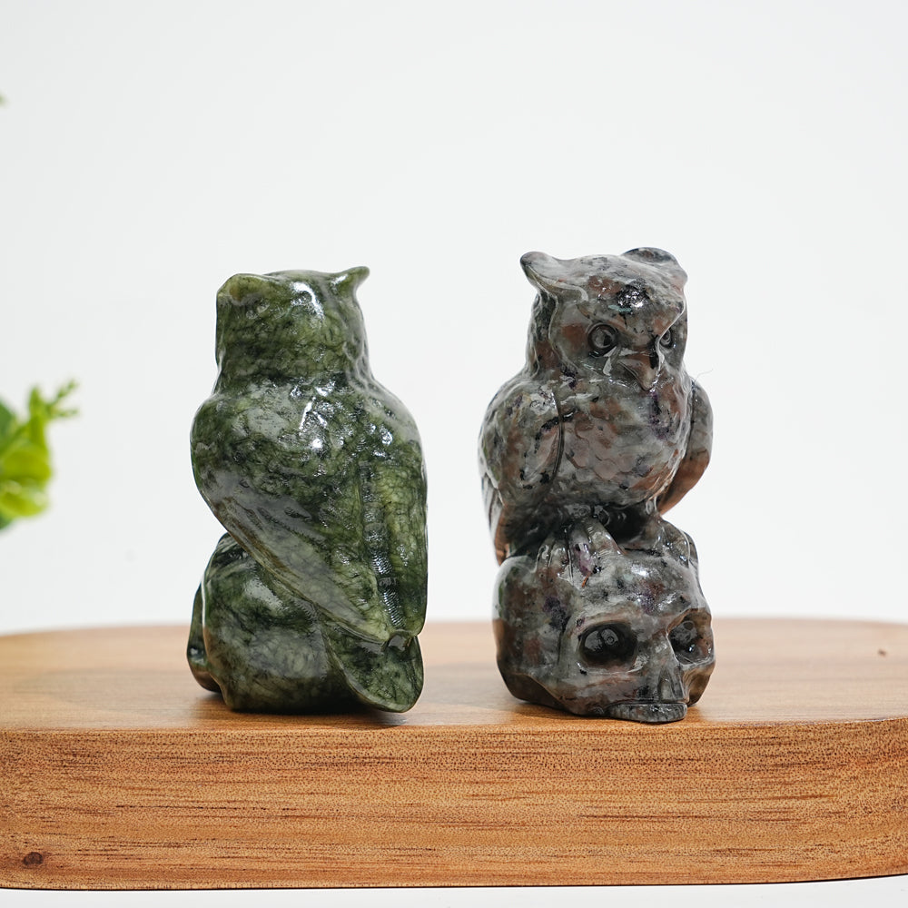 Natural Crystal Owl-On-Skull Carving