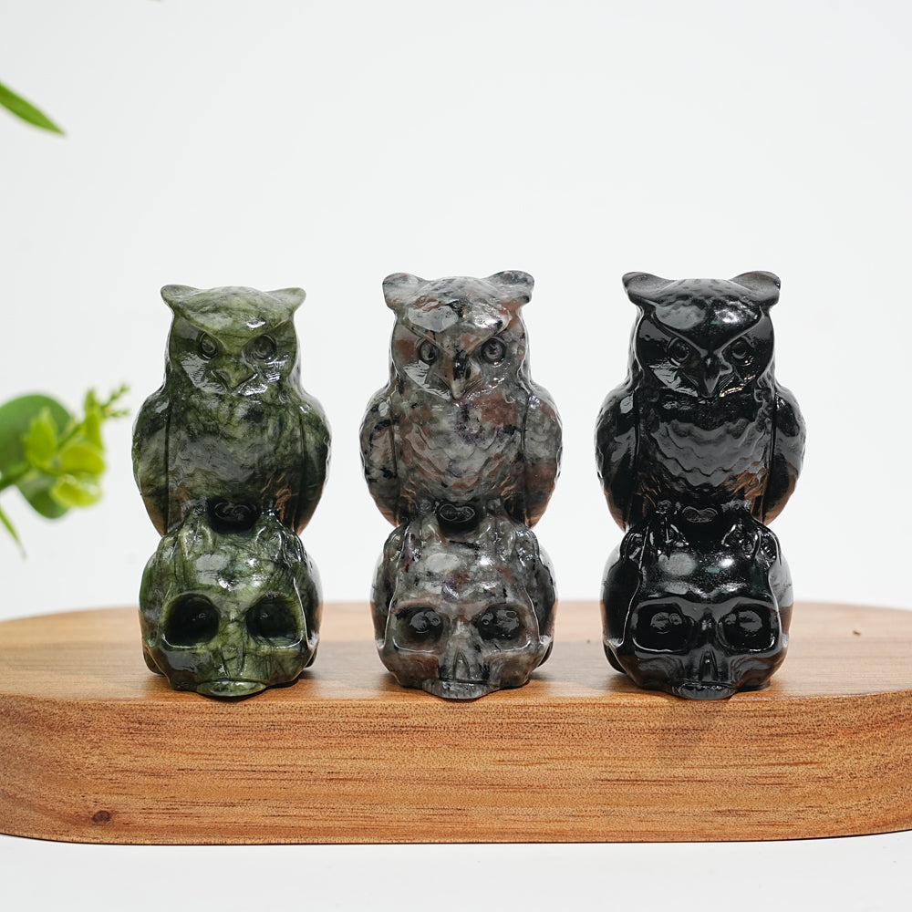 Natural Crystal Owl-On-Skull Carving