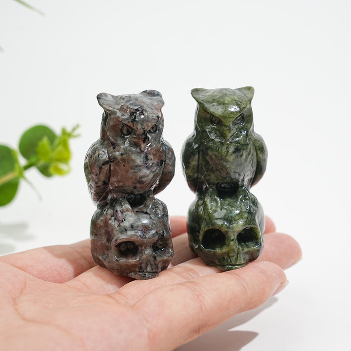 Natural Crystal Owl-On-Skull Carving