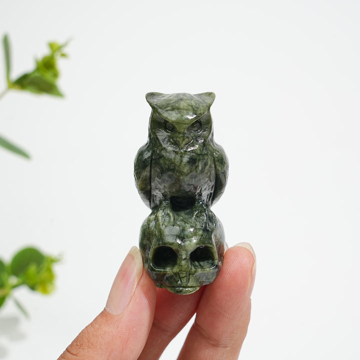 Natural Crystal Owl-On-Skull Carving