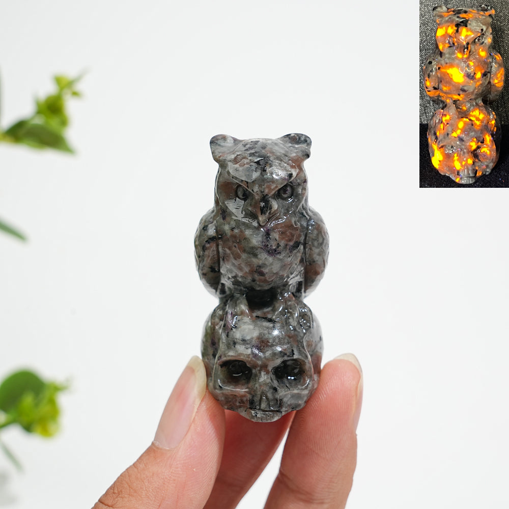 Natural Crystal Owl-On-Skull Carving