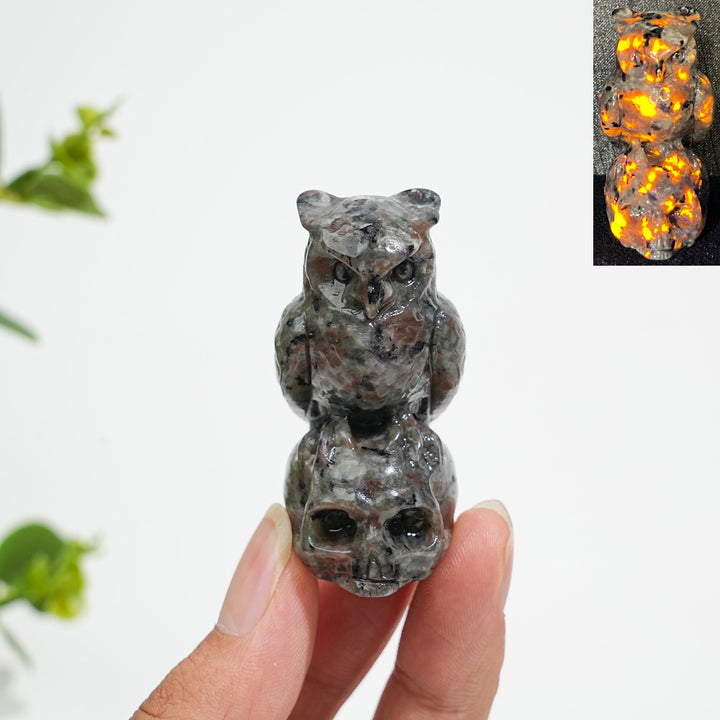 Natural Crystal Owl-On-Skull Carving