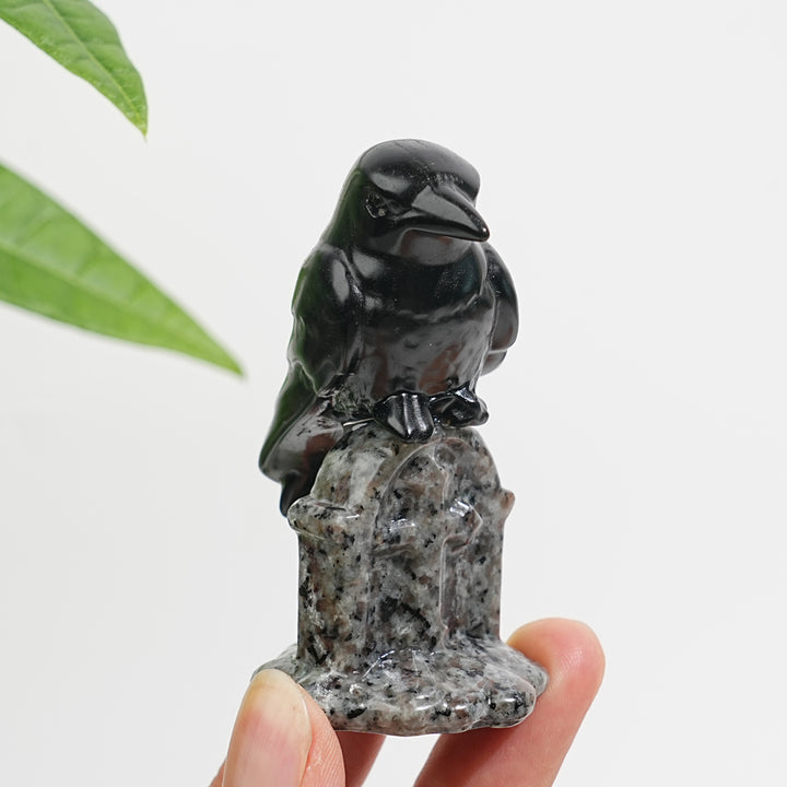Natural Black Obsidian Raven & Tombstone Carving