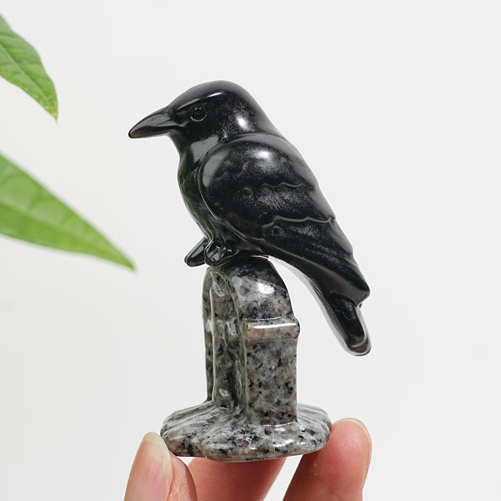 Natural Black Obsidian Raven & Tombstone Carving