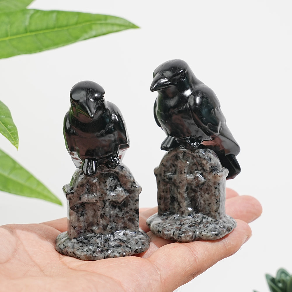 Natural Black Obsidian Raven & Tombstone Carving