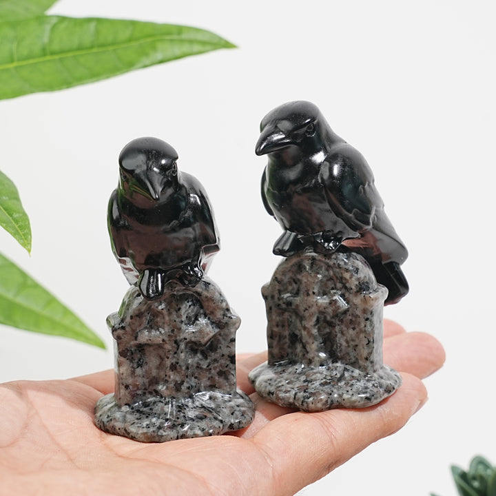 Natural Black Obsidian Raven & Tombstone Carving