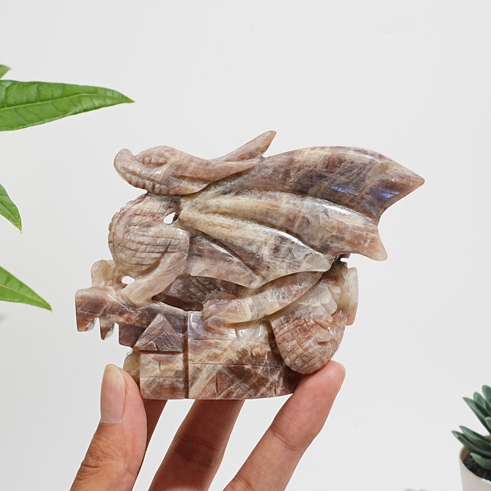 Unique,A Slightly Imperfect Natural Sunstone-Moonstone Winged Dragon Carving