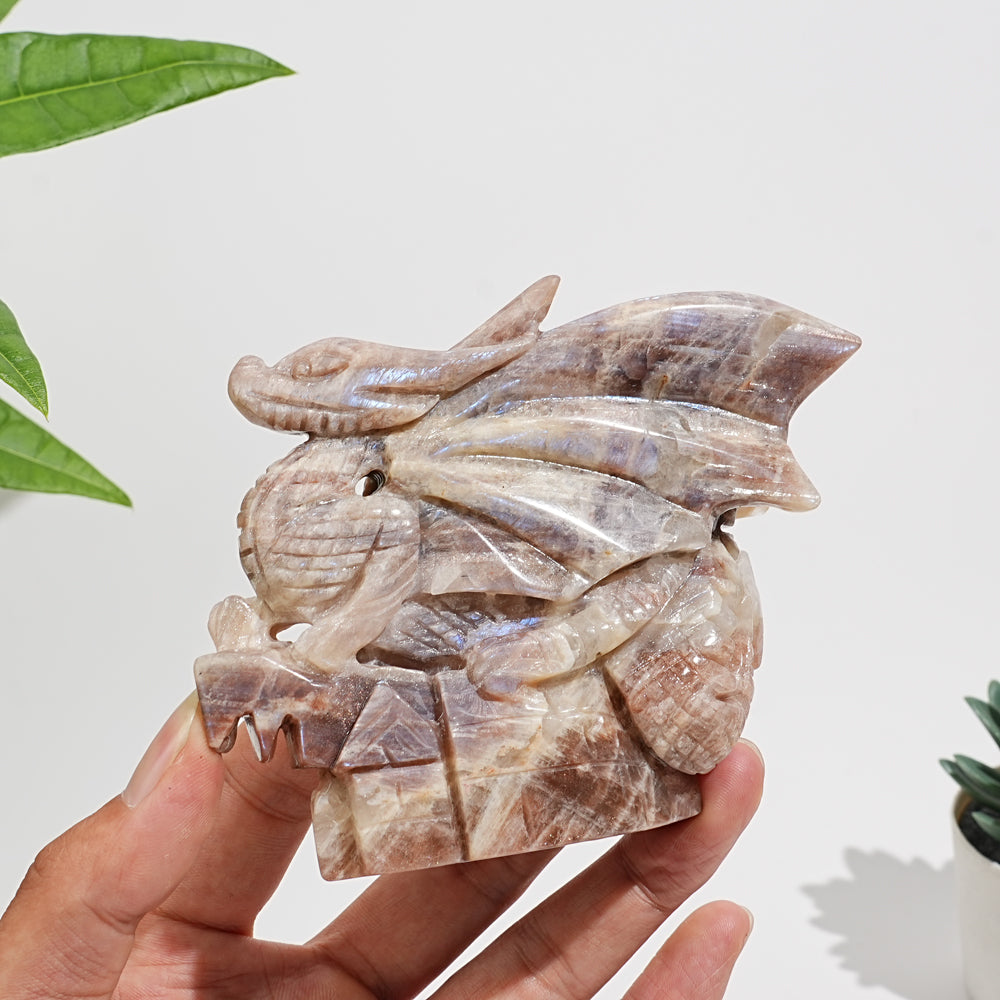 Unique,A Slightly Imperfect Natural Sunstone-Moonstone Winged Dragon Carving