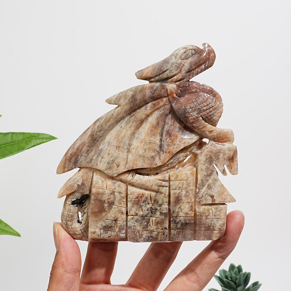 Unique,A Slightly Imperfect Natural Sunstone-Moonstone Winged Dragon Carving