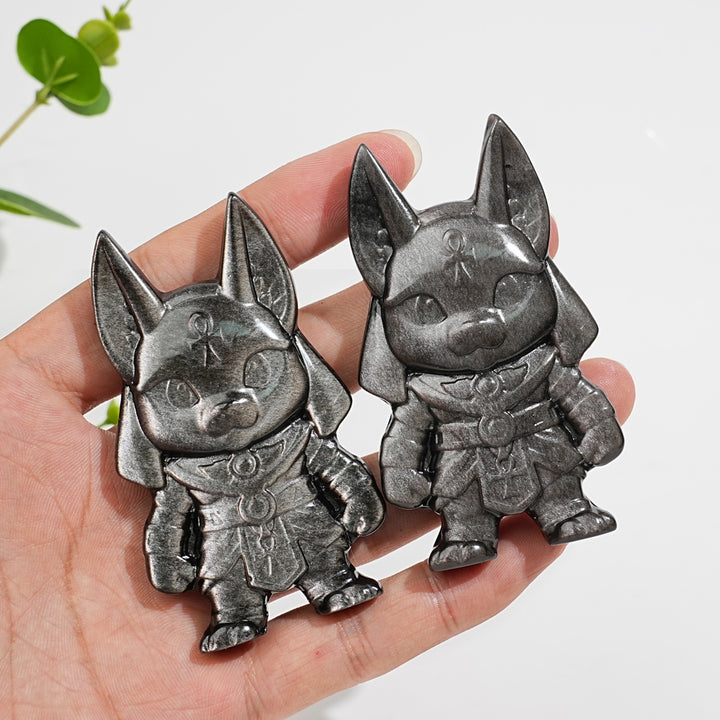Natural Crystal Carving Silver Obsidian Cute Anubis