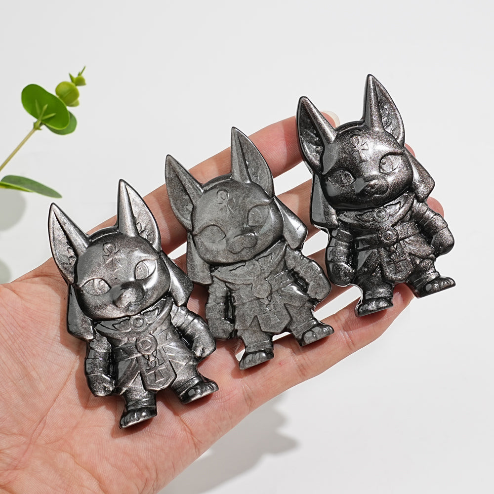 Natural Crystal Carving Silver Obsidian Cute Anubis