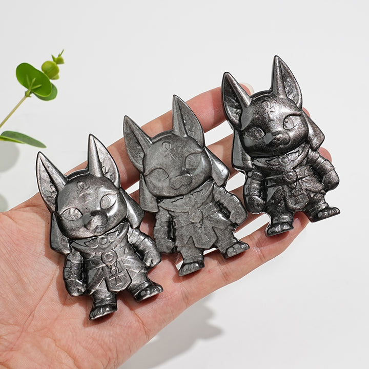 Natural Crystal Carving Silver Obsidian Cute Anubis