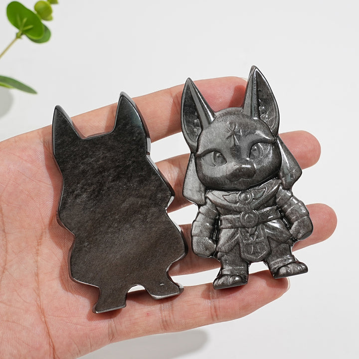 Natural Crystal Carving Silver Obsidian Cute Anubis