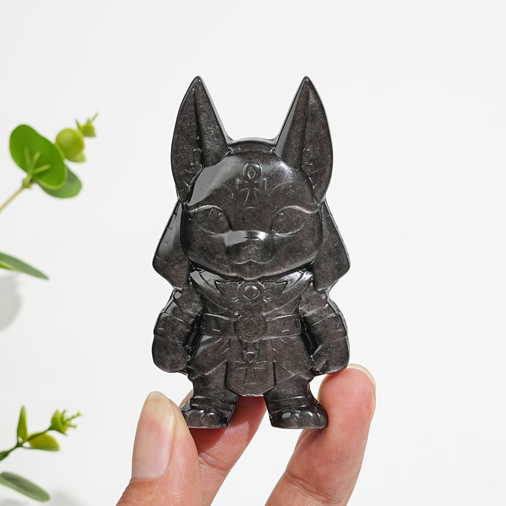 Natural Crystal Carving Silver Obsidian Cute Anubis