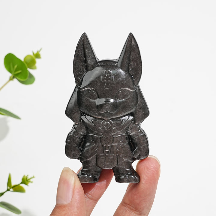 Natural Crystal Carving Silver Obsidian Cute Anubis