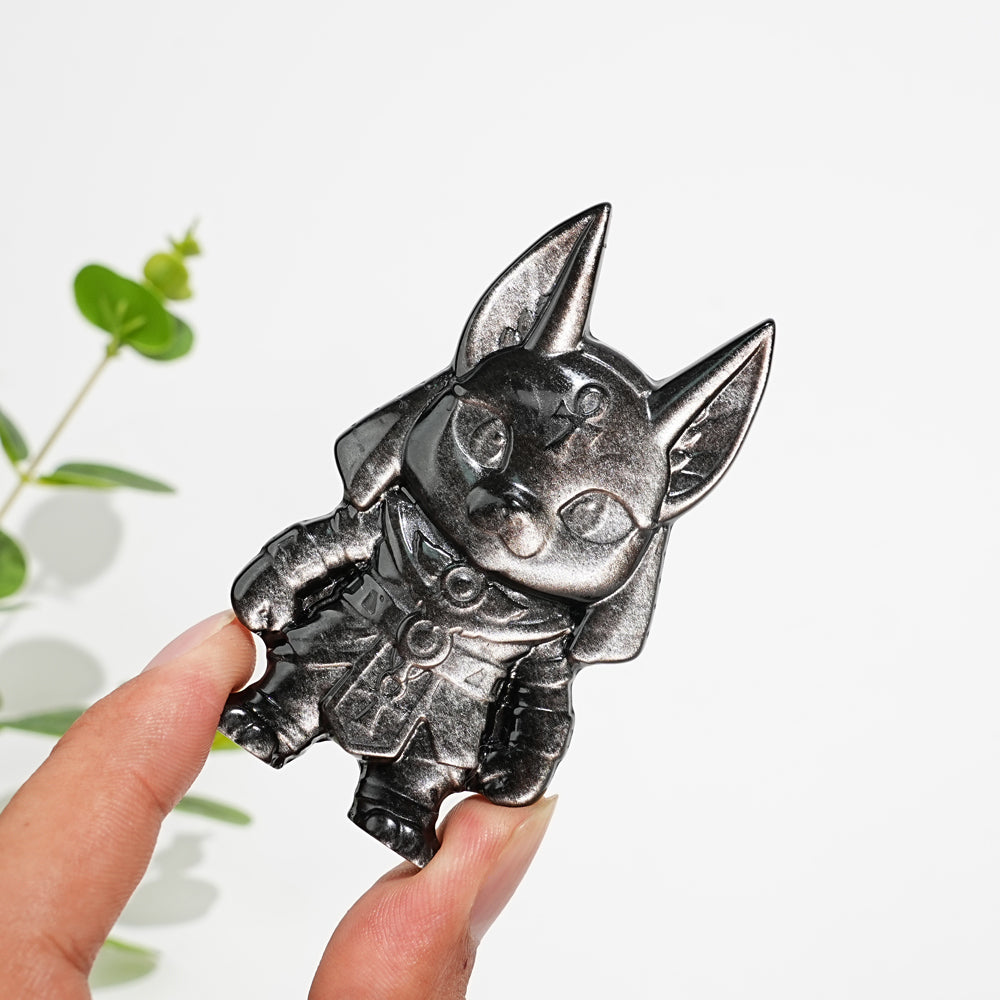 Natural Crystal Carving Silver Obsidian Cute Anubis