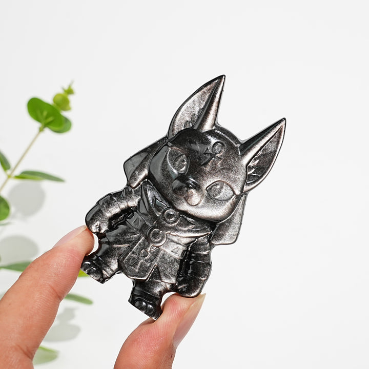 Natural Crystal Carving Silver Obsidian Cute Anubis