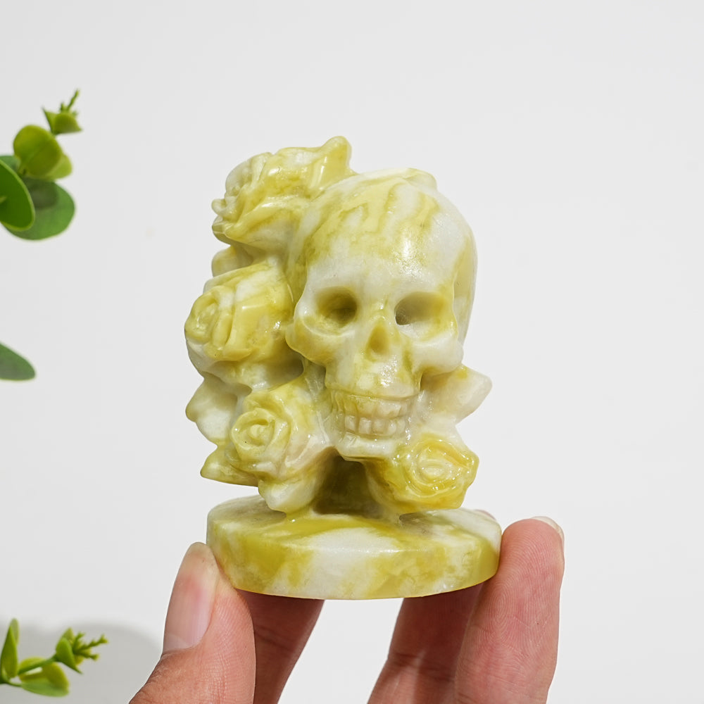 Natural Crystal Carving Skull With Roses