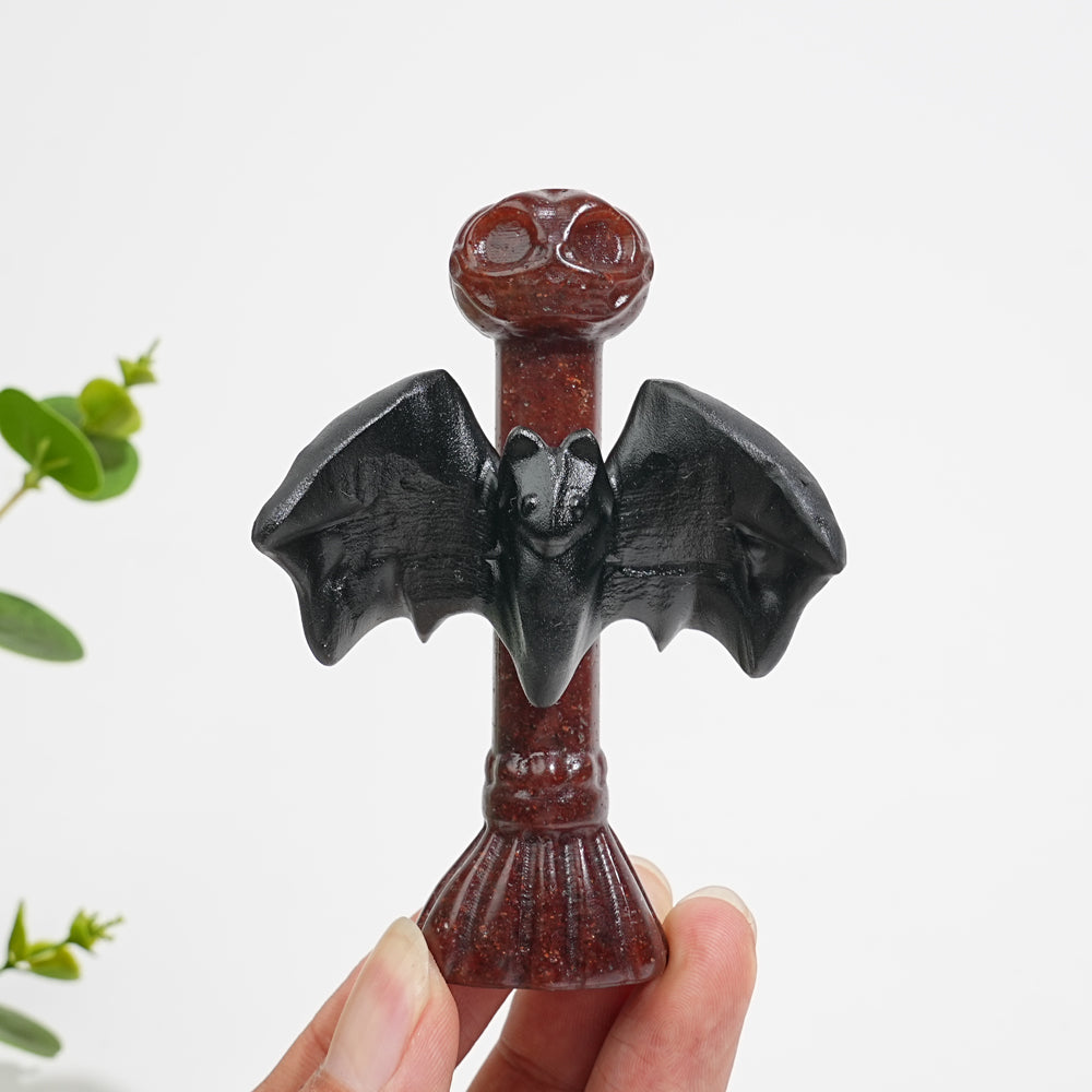 Natural Crystal Gothic Bat On Broom Carving