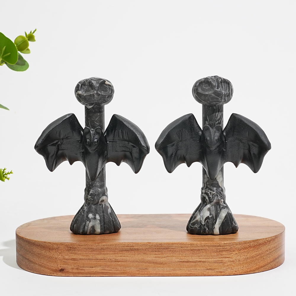 Natural Crystal Gothic Bat On Broom Carving