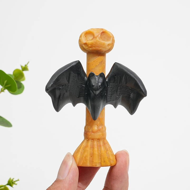 Natural Crystal Gothic Bat On Broom Carving