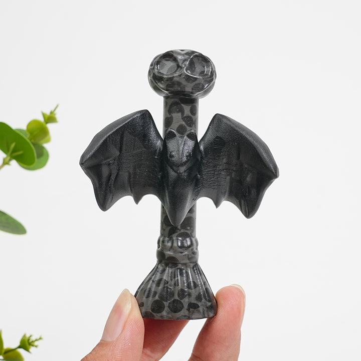 Natural Crystal Gothic Bat On Broom Carving