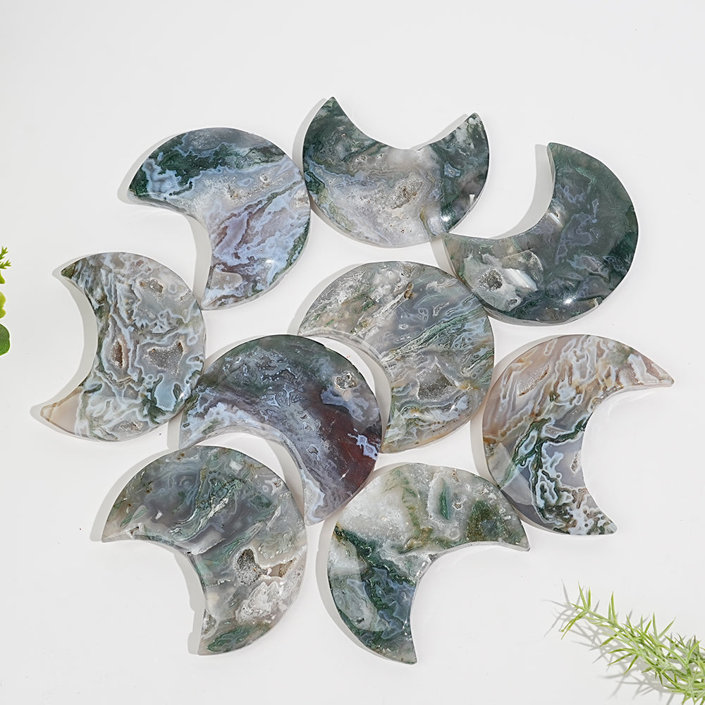 Natural Crystal Moss Agate Crescent Moon