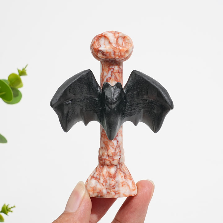 Natural Crystal Gothic Bat On Broom Carving
