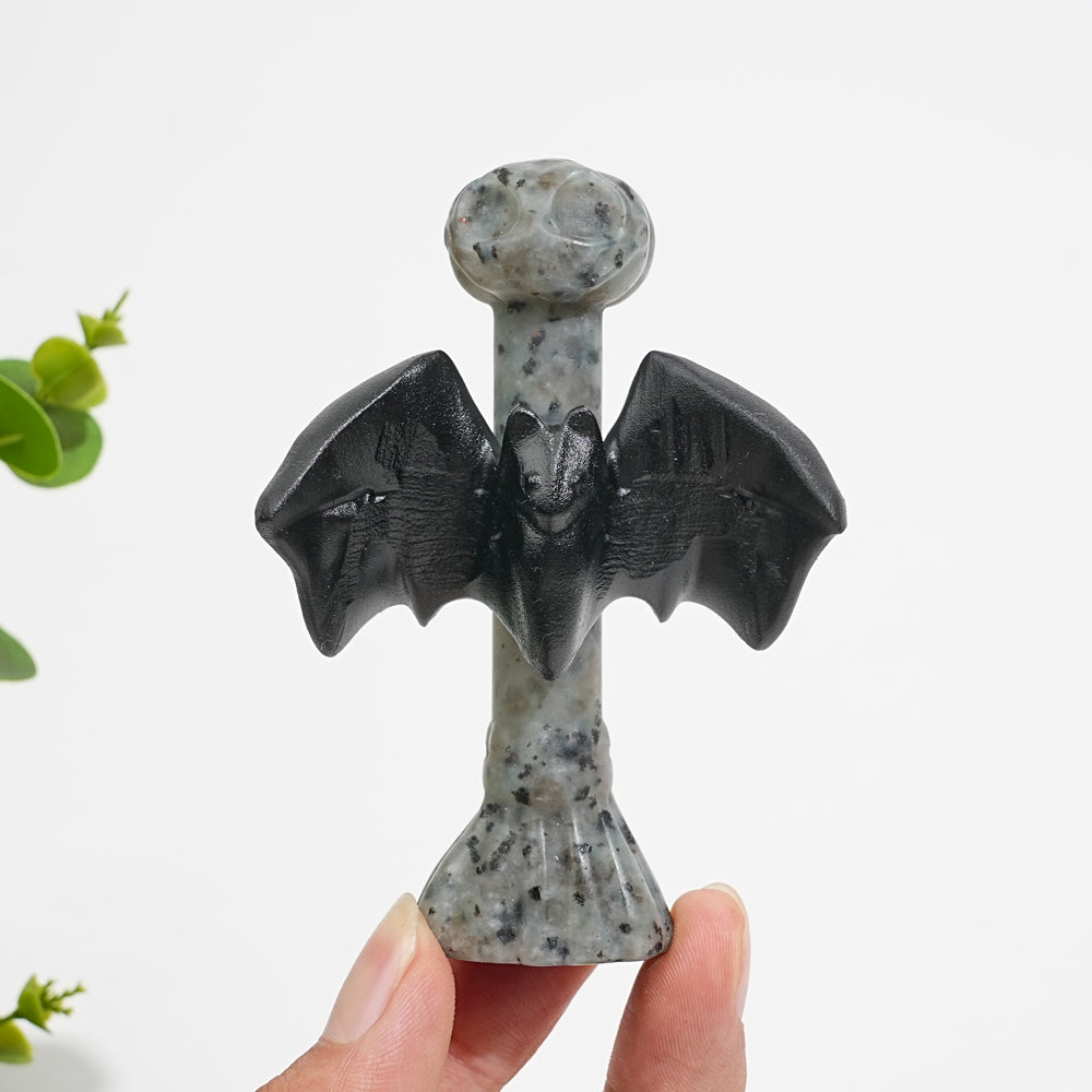Natural Crystal Gothic Bat On Broom Carving