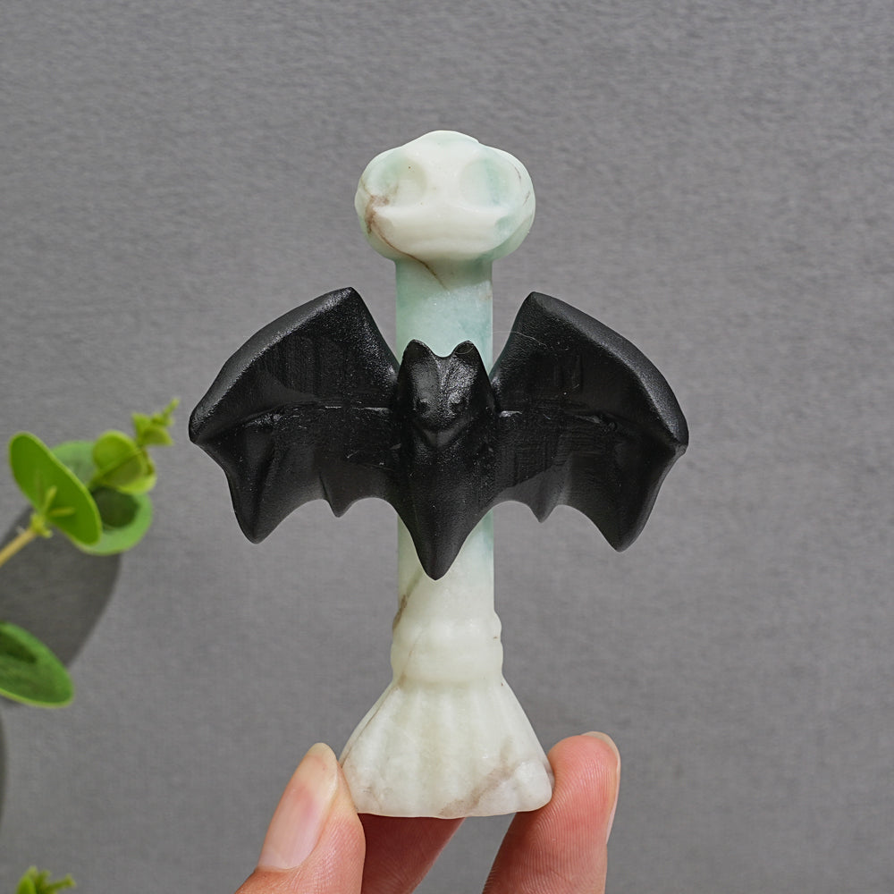 Natural Crystal Gothic Bat On Broom Carving