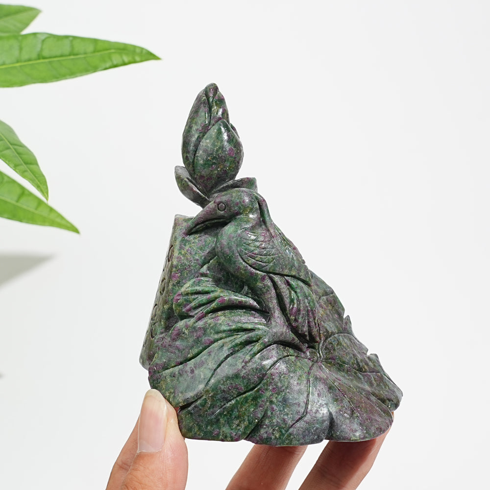 Unique,Natural Crystal Ruby In Kyanite Lotus With Egret Carving